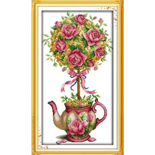 The Bouquet and Teapot Cross Stitch Kits 11CT Printed Fabric 14CT Canvas DMC Counted Chinese Embroidery set Needlework