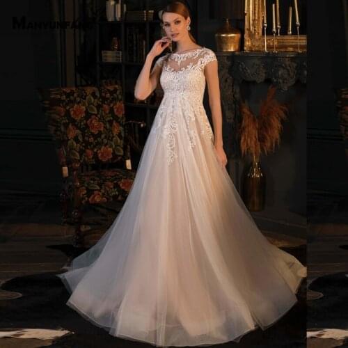 2021 Hot Sale Court Train Embroidery Appliques Tulle Bridal Ball Gown Elegant O-Neck Cap Sleeve Button Back Wedding Dress