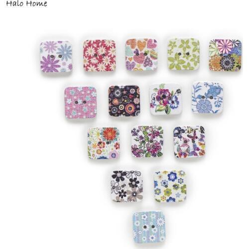 50pcs 2 Hole Square Flowers Painting Wood Buttons Home Clothing Decor Sewing Scrapbooking 17mm