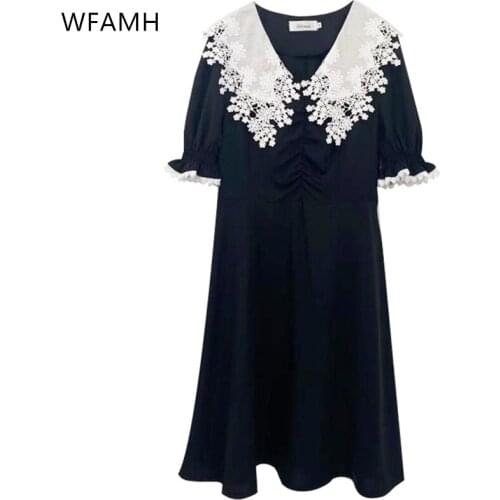 Plus size womens summer new style 2021 snowflake embroidery hollow lapel fresh and sweet wind solid color short-sleeved dress