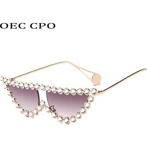 OEC CPO Luxury Rhinestone Metal Cat eye Sunglasses Women Gradient Lenses UV400 Retro Female Shades O211