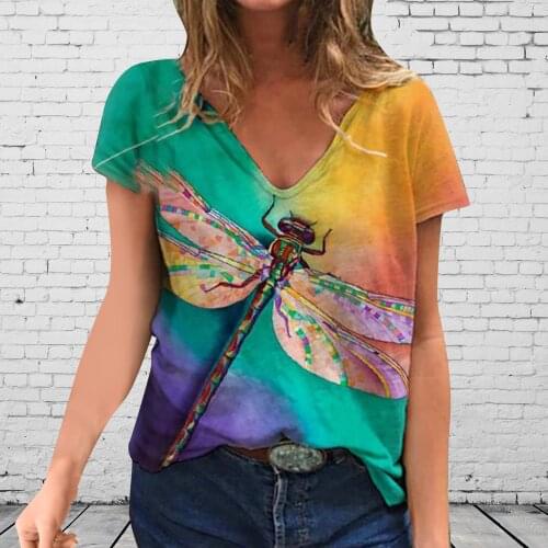 Vintage Womens T-shirt Plus Size Women Short Sleeve Flower Printed V-neck Tops Tee Shirt Oversize Animal Women Clothing @40