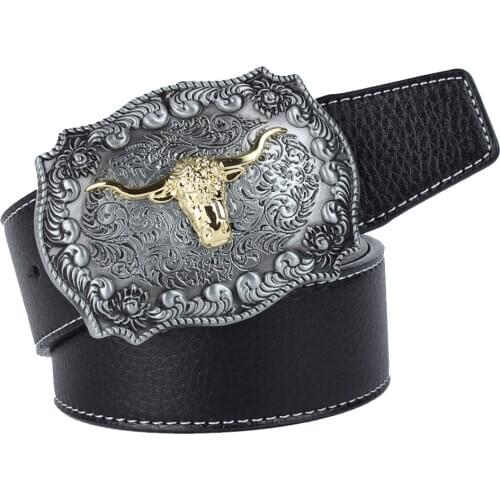 Vintage Leather Strap Belt Rodeo Bull Head Buckle Cowboy