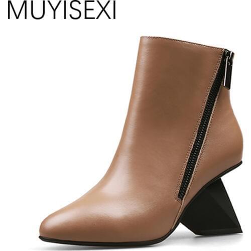 MUYISEXI Women Real Leather Ankle Boots Strange Heel Wedges Double Zip Autumn Boots For Women Genuine Leather Boots Women HL08