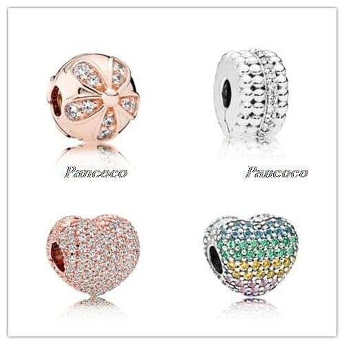 Authentic 925 Sterling Silver Bead Rose Gold Pave Open My Heart Clip Charm Fit Pandora Women Bracelet & Necklace Diy Jewelry