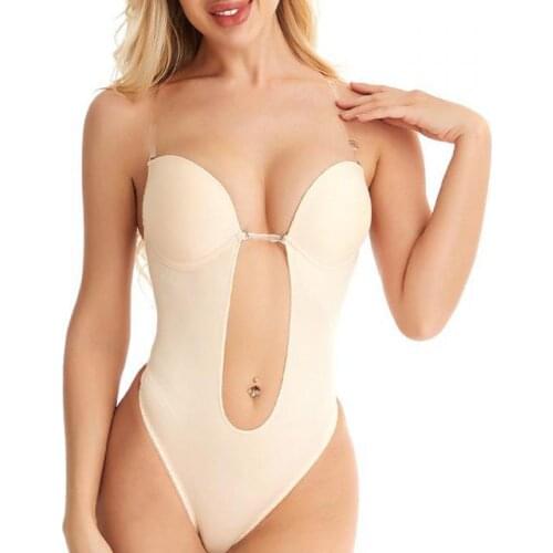 Women Seamless Bodysuit Underwear Sexy Lingerie Invisible Bra Slimming Body Shaper Plunge Deep Cut Bras Strap Brassiere Shapwear