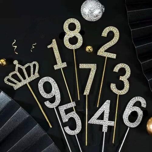 1pcs Number Cake Toppers Glitter Alloy Rhinestone Crown Plugin Shower Birthday Wedding Gold Silver Digital Cakes Dessert Decor