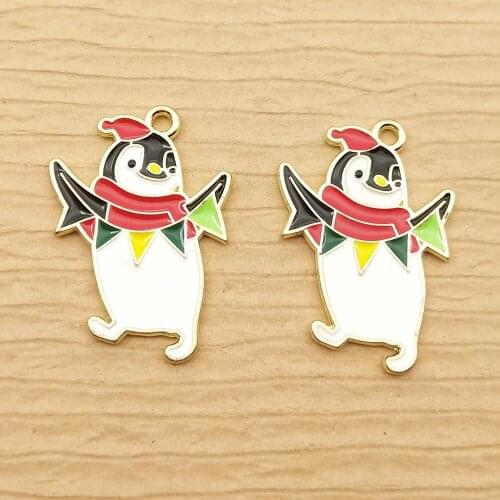 10pcs 19x24mm christmas enamel penguin charm for jewelry making cute earring pendant bracelet necklace charms diy charm