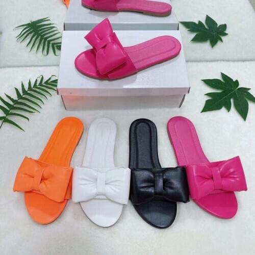 2021 Flat Sandals Fashion New Outdoor Open Toe Womens Shoes Bow Candy Colors Beach Slippers Plus Size 41