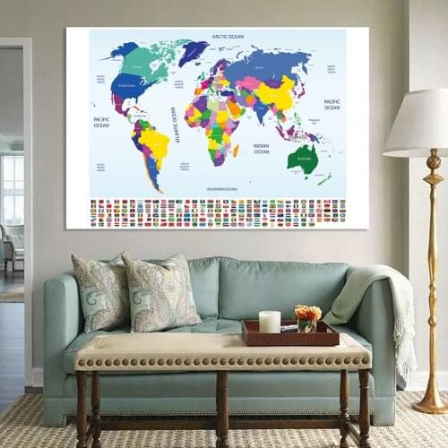 225*150cm The World Political Map with National Flags Wall Poster Fabric Canvas Painting Classroom Home Decor School Supplies