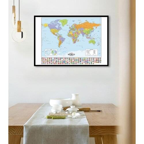 84*59cm Vintage Map of The World with National Flags Vinyl Canvas Painting Wall Art Poster Travel School Supplies Home Decor