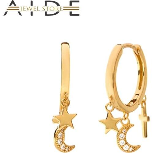 Aide 925 Sterling Silver Huggie Earring Korean Cross Moon Star Hoop Earrings for Women Zircon Wedding Jewelry Pendientes Brincos