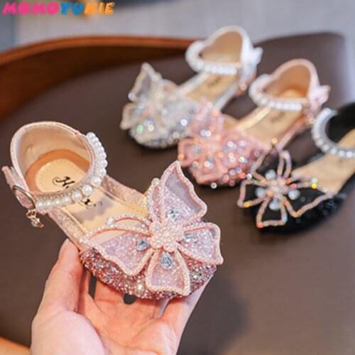 Girls Sequin Lace Bow Kids Shoes Girls Cute Pearl Princess Dance Single Casual Shoe 2021 New Childrens Party Wedding Shoes D721