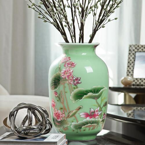 Jingdezhen Porcelain Vase ornament, living room flower arrangement, dry flower, antique lotus pattern,light green glaze vases