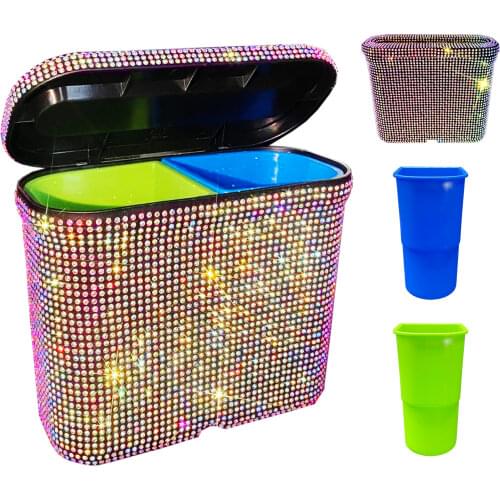 Bling Crystal Trash Can with Lid & Double Barrel High-Capacity Step Garbage Can Classified Recycle Rubbish Bin for Car Bedroom