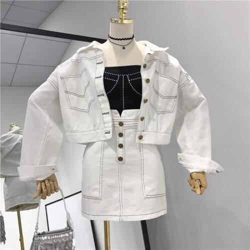 Autumn and Winter New Fashion Casual Loose Casual Denim Suit Female Short Jacket Sets Bag Hip Mini Skirts Net Red Two-piece Suit