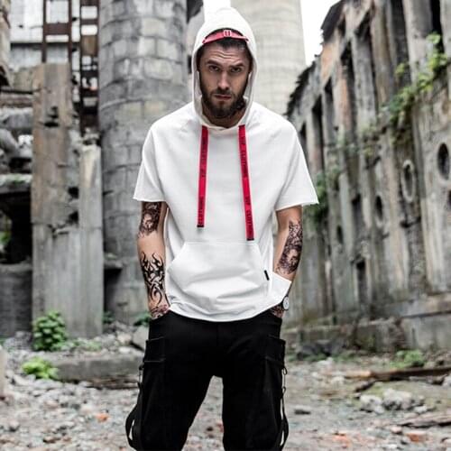 Summer Short-Sleeve Sweater Mens Thin Hooded T-Shirt Korean Hip-Hop Jazz Dance Shirt Loose Hip-Hop Catwalk Clothes Tide DWY4477