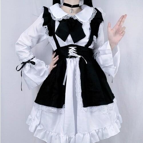 Lolita Japanese Style Cute Lace Lacing Cafe Maid Outfit Sexy Black Bow Flared Sleeves Princess Dresses Cosplay Party Costumes