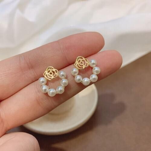 Small Cute Woman Camellia Earrings Vintage Rose Flower Pearl Earring For Women Party