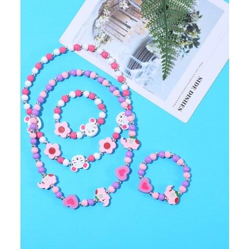 New Cute Cartoon Wooden Flower Animal Children Jewelry Child Sweater Necklace Bracelet for Girls Gifts Kids Birthday Gifts