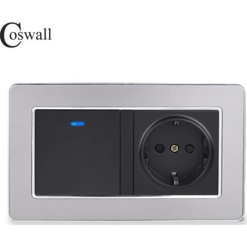 Coswall EU Standard Wall Socket + 1 Gang 2 Way On / Off Pass Through Light Switch With LED Indicator Stainless Steel Frame