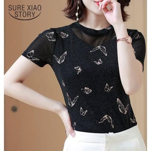 2020 New Women Summer Short Sleeve Blouse Plus Size 4XL Spliced Mesh Tops Vintage Round Collar Fashion Elegant Camisetas 9159 50