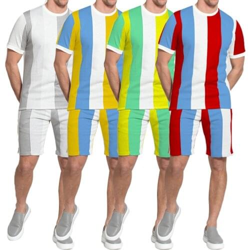 2021 New Summer Sports And Leisure Suit Mens Eye-Catching Round Neck Short Sleeve T-Shirt Trend Stripe Top Short Pants