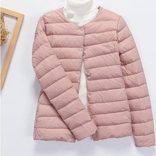 In 2021, the new thin round neck down jacket womens warm liner short V-neck jacket winter womens collarless