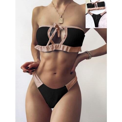 2021 newest Women’s Color Blocking 2Pcs Bikini Suit Strapless Hollowed Lace-up Tops with Patchwork Triangle Bottoms