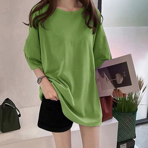 Pure color medium long T-shirt summer Short Sleeved Women 2020 Korean leisure large size loose-fitting college style women