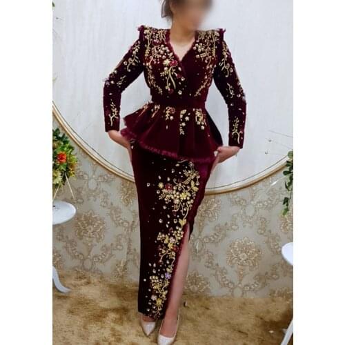 Formal Arabic Dubai Burgundy Mermaid Evening Dresses Long Sleeves Party Gowns Beaded Velvet Prom Dress Robe de Soirée 2021