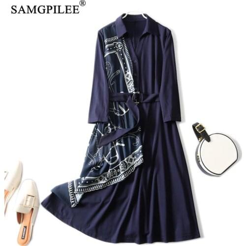 Dress For Women 2021 New Fashion Light Luxury Retro Fake Two Piece Lapel Slim Three Quarter Sleeve Print Belted Woman Dresses