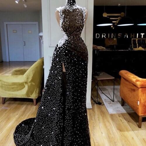 Pearls Beading Prom Dresses Bling Bling High Collar Illusion Evening Gowns Formal Pageant Party Dress vestidos de novia