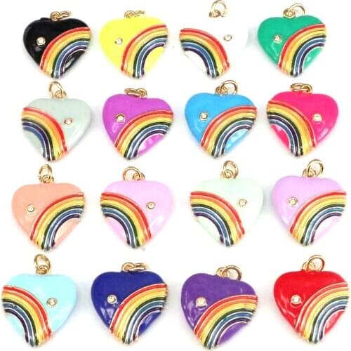 10Pcs, 18MM Rainbow Enamel Heart Pendant, Vintage Rainbow Heart Charms, Enamel with CZ Heart Charm