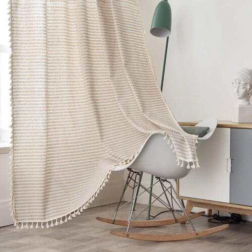 Striped Window Curtain Half Blackout Curtains for Living Room Bedroom Tassel Lace Fabric Bedroom Door Curtaion Cotinas De Sala
