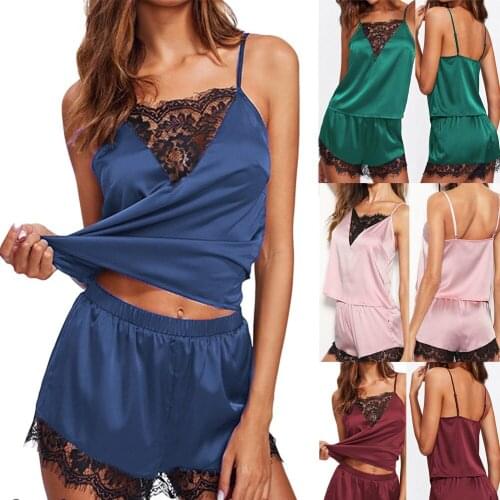 Sexy Lace Satin Pajamas Set Women Sleepwear Nightwear Vest Top Shorts Satin Silk Lace Camisole Underwear Lingerie Set