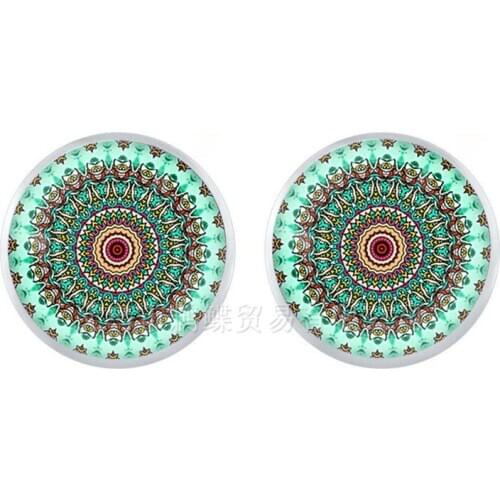 Flower Of Life Tibetan Om Mandala Stud Earrings Gray Om Jewelry Vintage Buddhism Meditation Jewelry Glass Dome Cabochon Earrings