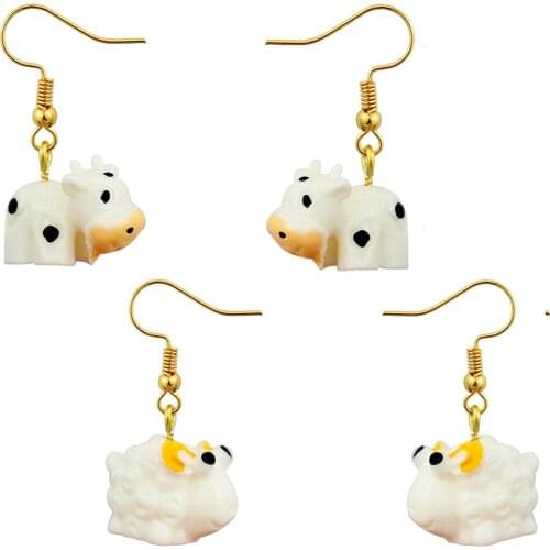 Resin Cartoon 3D Sheep Cow Drop Dangle Earrings Fashion Cute Animal Pet Jewelry For Women Girls Teens Gift Charms Accessories
