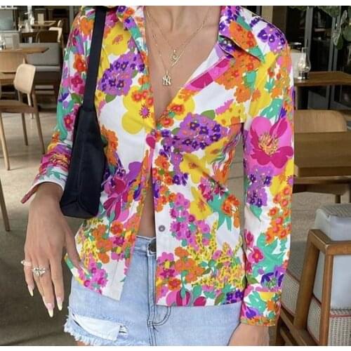 Dourbesty Mixed Color Crop Top Shirt Y2K Orange Long Sleeve Collared Button Down T Shirt Blouse E Girl Streetwear 90s Harajuku