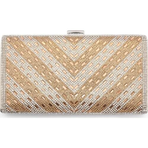 Woman Clutch Bag Metal Frame Evening Hard Case Hand Bag Sparkling Rhinestones V Shape Arrange Paillette Decor Shoulder Bag Gold