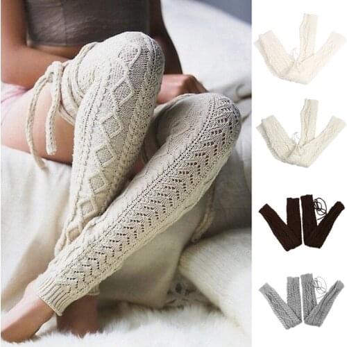 Women Winter Crochet Knit Tie Thigh High Leg Warmers with String Long Boot Socks 649C