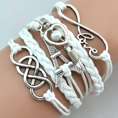 Women Fashion Infinity Love Heart Eiffel Tower Charm Bracelet Silver Pulseira Feminina