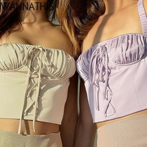 WannaThis Ruched Lace Up Backless Camisole Tops For Women Elastic Sleeveless Front Cross Summer Slim Sexy Girl Cropped Top 2021