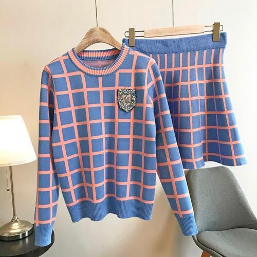 2020 Autumn Fashion Knit Set Sweaters Skirt Suits Women Two Piece Set Long-sleeve Beading Knit Tops + Plaid Skirt Sets Outfits