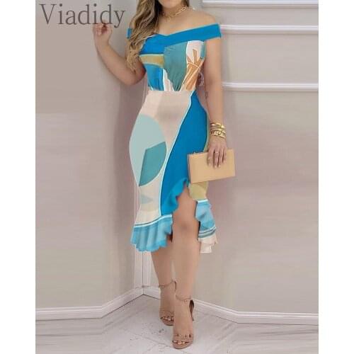 Women Off Shoulder Print Ruffle Hem Slit Slim Asymmetry Dress