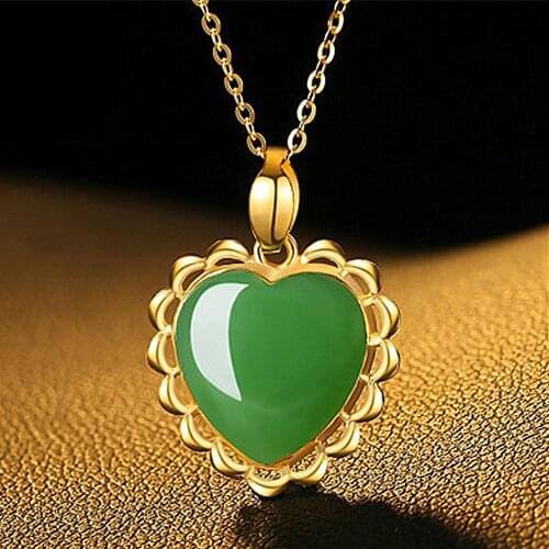 Love heart green jade emerald gemstones pendant necklaces for women 14k gold color choker jewelry bijoux party gifts fashion