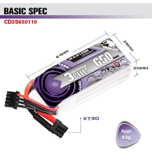 2 PCS CODDAR Rechargeable 650mAh 11.1V 3S 110C Lipo Battery XT30 Plug For RC Quadcopter Helicopter FPV Racing Drone Parts