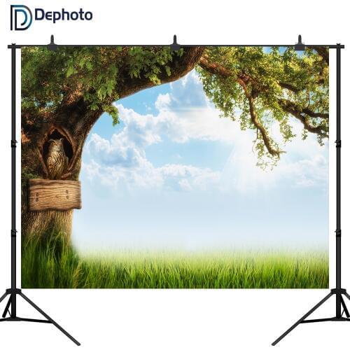 DePhoto photography backdrops blue sky white clouds grassland fairy tale tree owl Baby birthday party fantasy Photo background