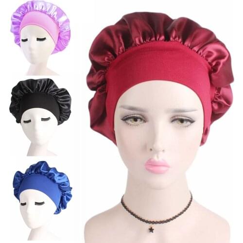 Women Smooth Satin Headscarf Sleeping Bonnet Hair Wrap Hat Wide-brimmed Headwear Nightcap High-elastic Headband Hair Care Hats