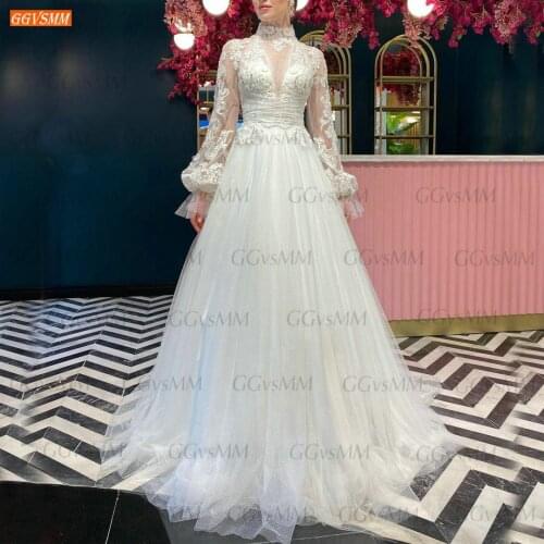 Elegant Ivory Wedding Dresses 2021 Boho vestido de noiva Tulle Lace Appliqued свадебное платье Long Sleeves Slim fit Bridal Gown